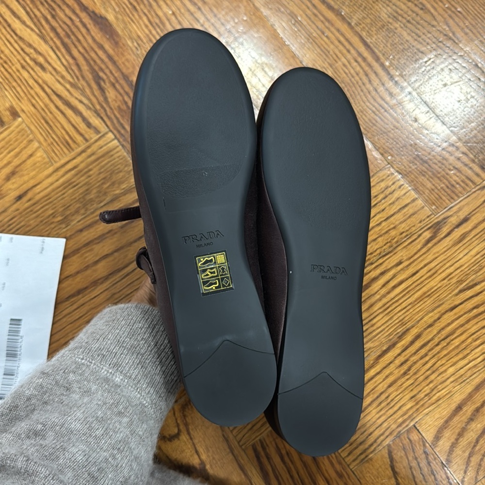Prada Burgundy Satin Double-Strap Mary Jane Flats Gold Logo 36.5 authentic nib - Picture 10 of 11
